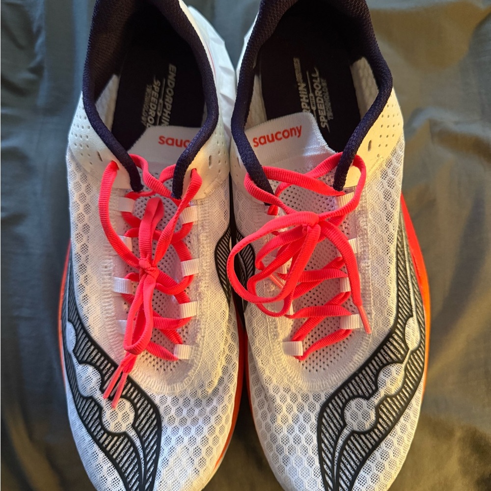 Saucony White and Orange Endorphin Pro 4s